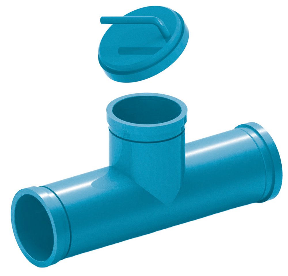 A blue plastic pipe T-joint with a circular lid above it, isolated on white background.