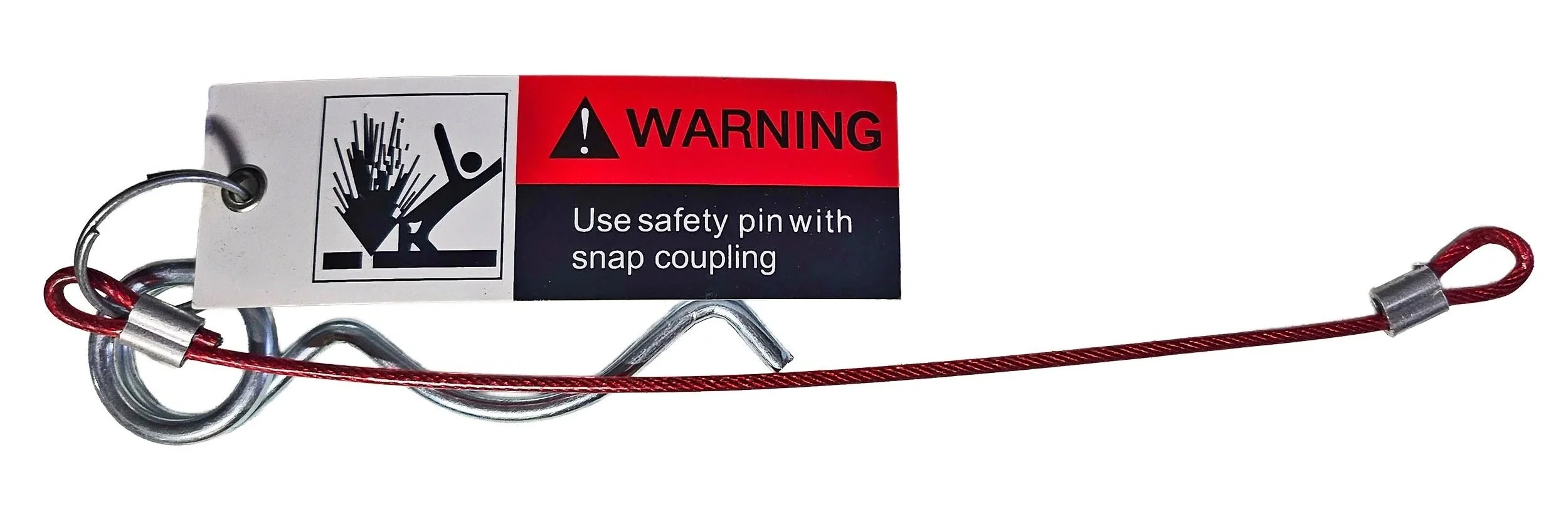 A warning tag attached to a metal R clip with a red wire loop, indicating it should be used with a snap coupling and cautioning against accidents.
