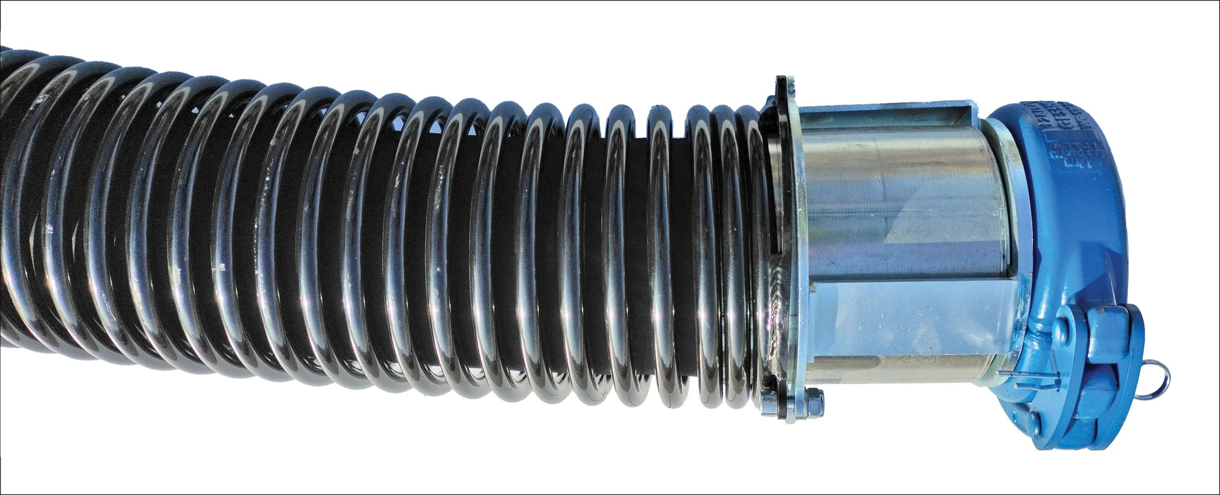 A close-up of a shock absorber with a black coil spring and blue mounting components.