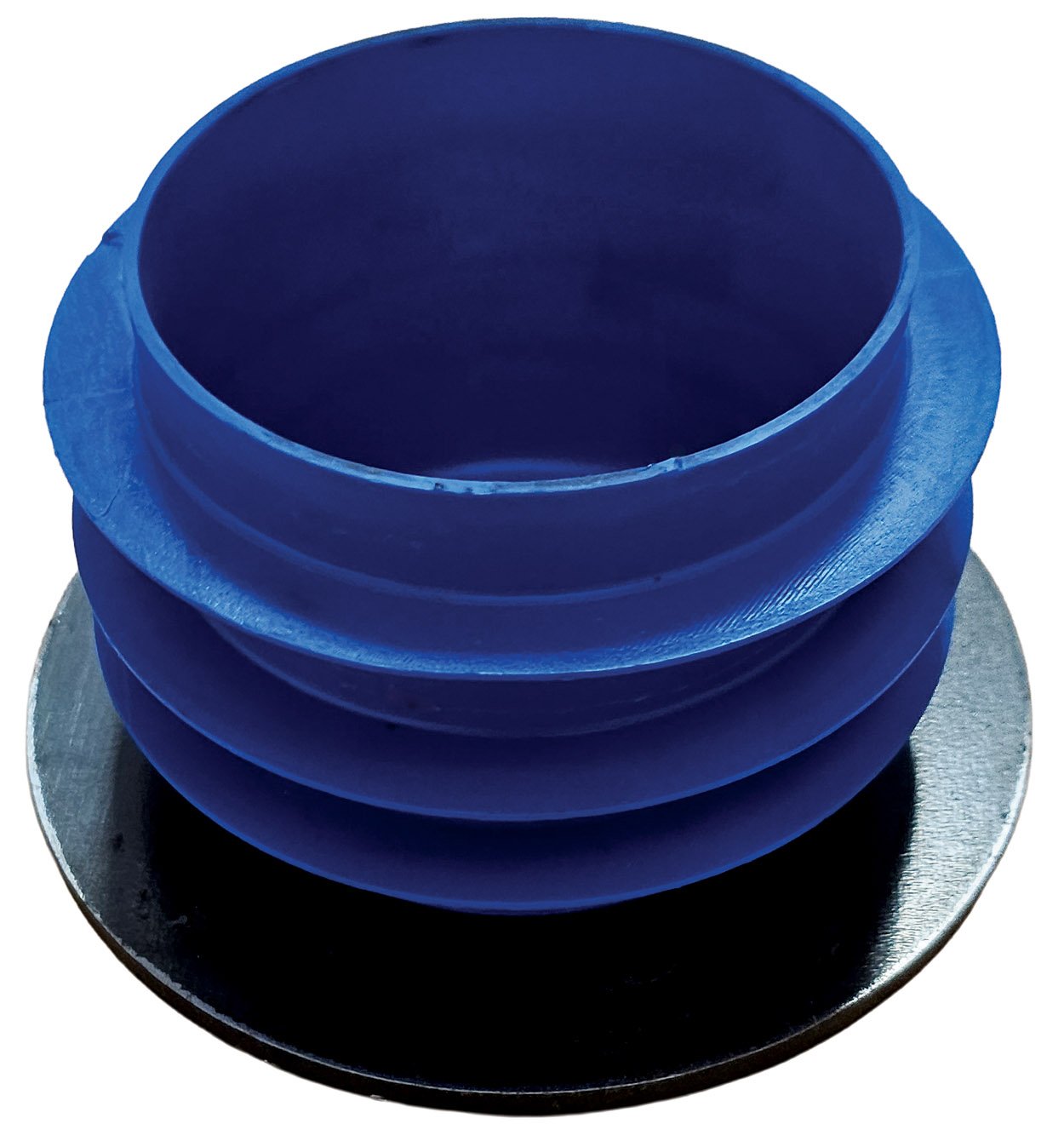 A close-up of a black and blue industrial rubber expansion joint with multiple corrugated blue sections on a metallic base.