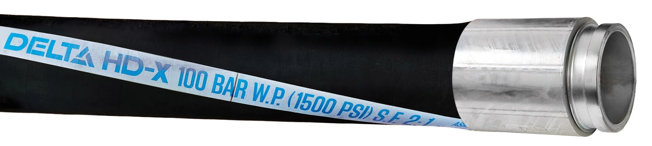 A heavy-duty concrete pumping hose, the Delta HD-X 100 Bar Heavy Duty, with a metal fitting on one end, labeled 'DELTA HD-X 100 BAR W.P. (1500 PSI) S.F. 2.1'.