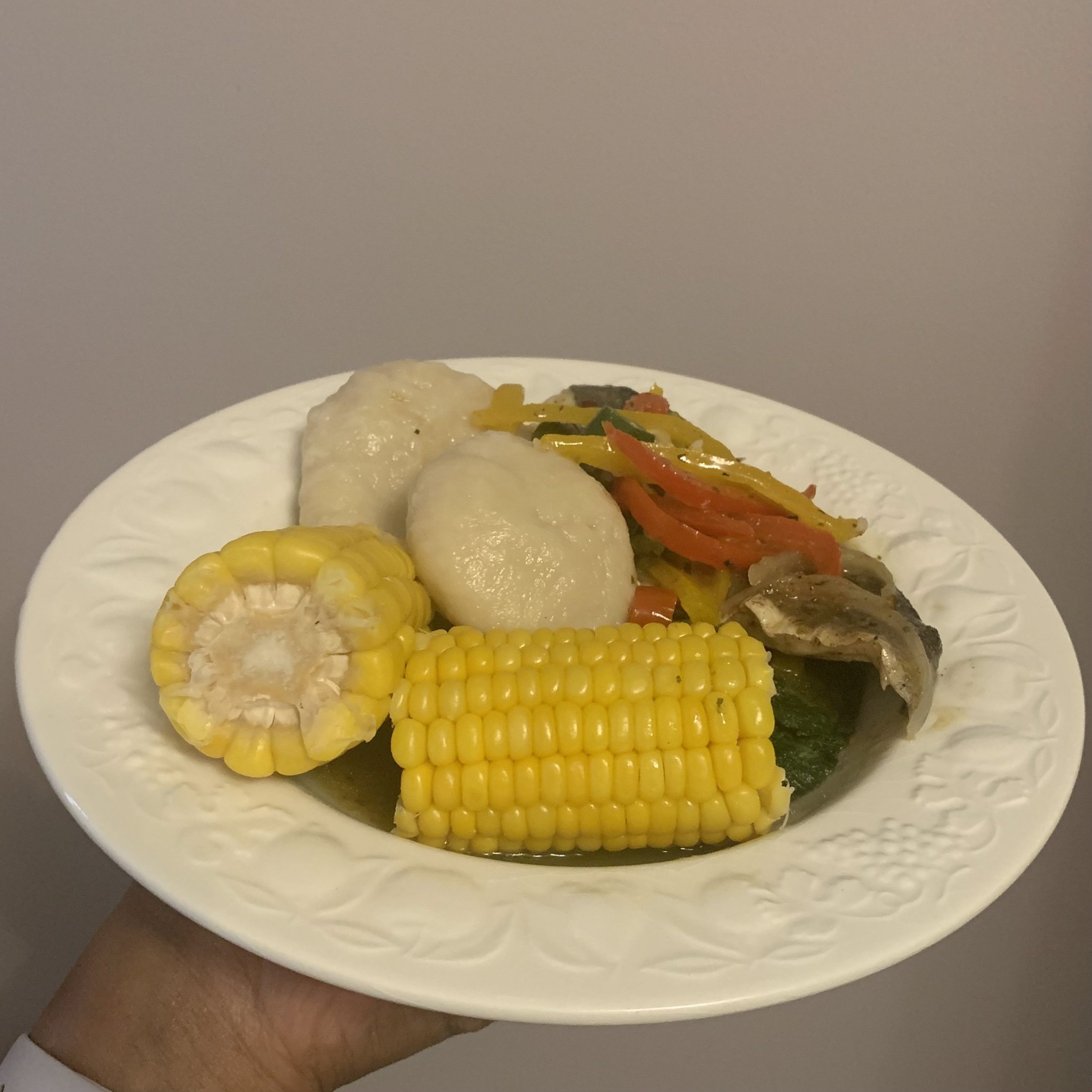 Pan-Fried Seabass with Boiled Dumpling, with Garlic Spinach and Sweetcorn