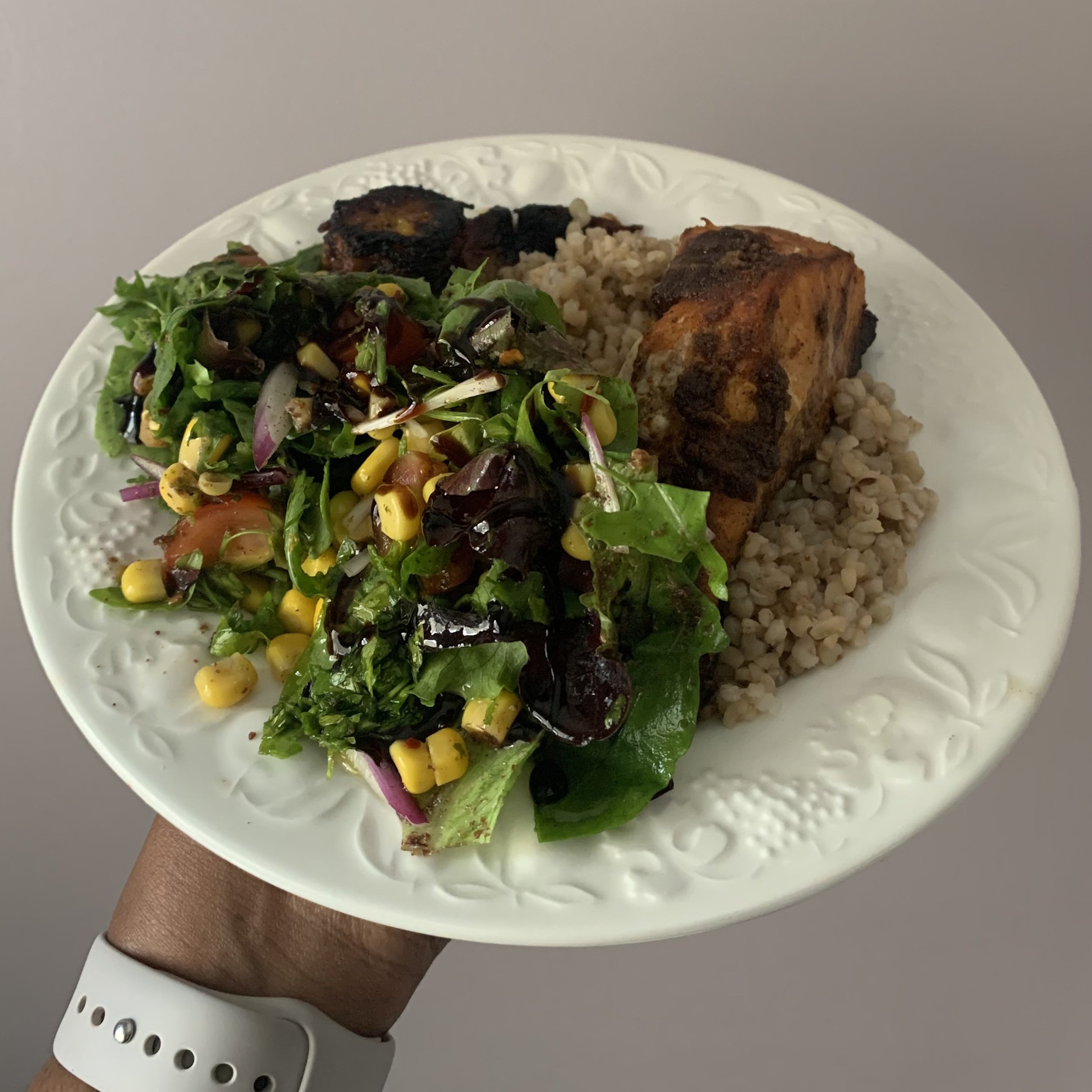 Baked Salmon, Bulgar Wheat and Mixed Leaf Salad with Baked Plantain