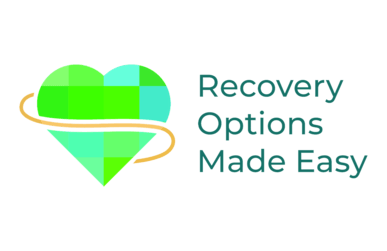 A logo with a green heart-shaped globe encircled by a gold swoosh, and the text "Recovery Options Made Easy" in teal to the right.