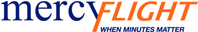 Logo with the words 'Mercy Flight' in blue and orange text, with 'Mercy' in blue and 'Flight' in orange.