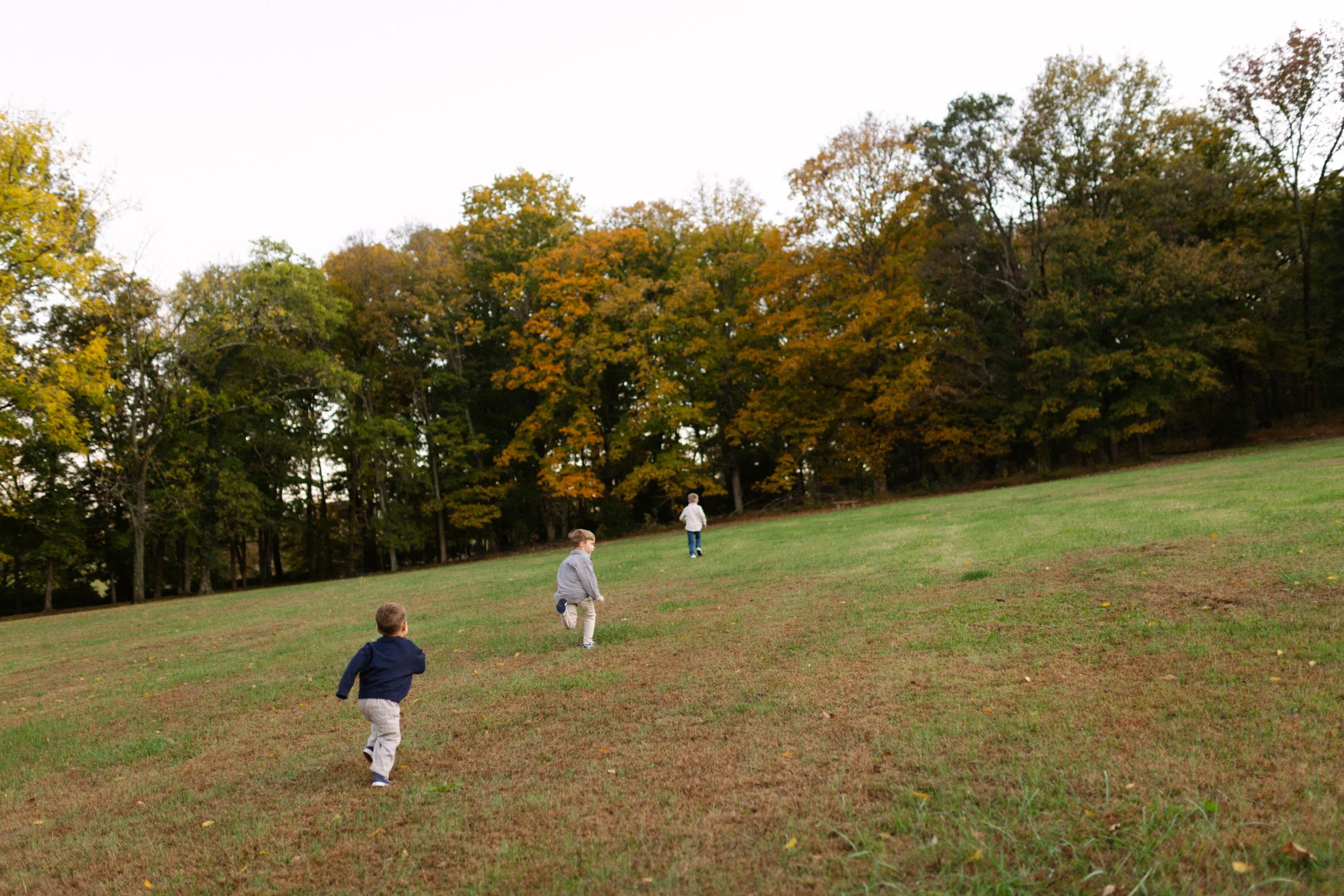 Three children in a park with autumn trees, running and walking on a grassy hill.