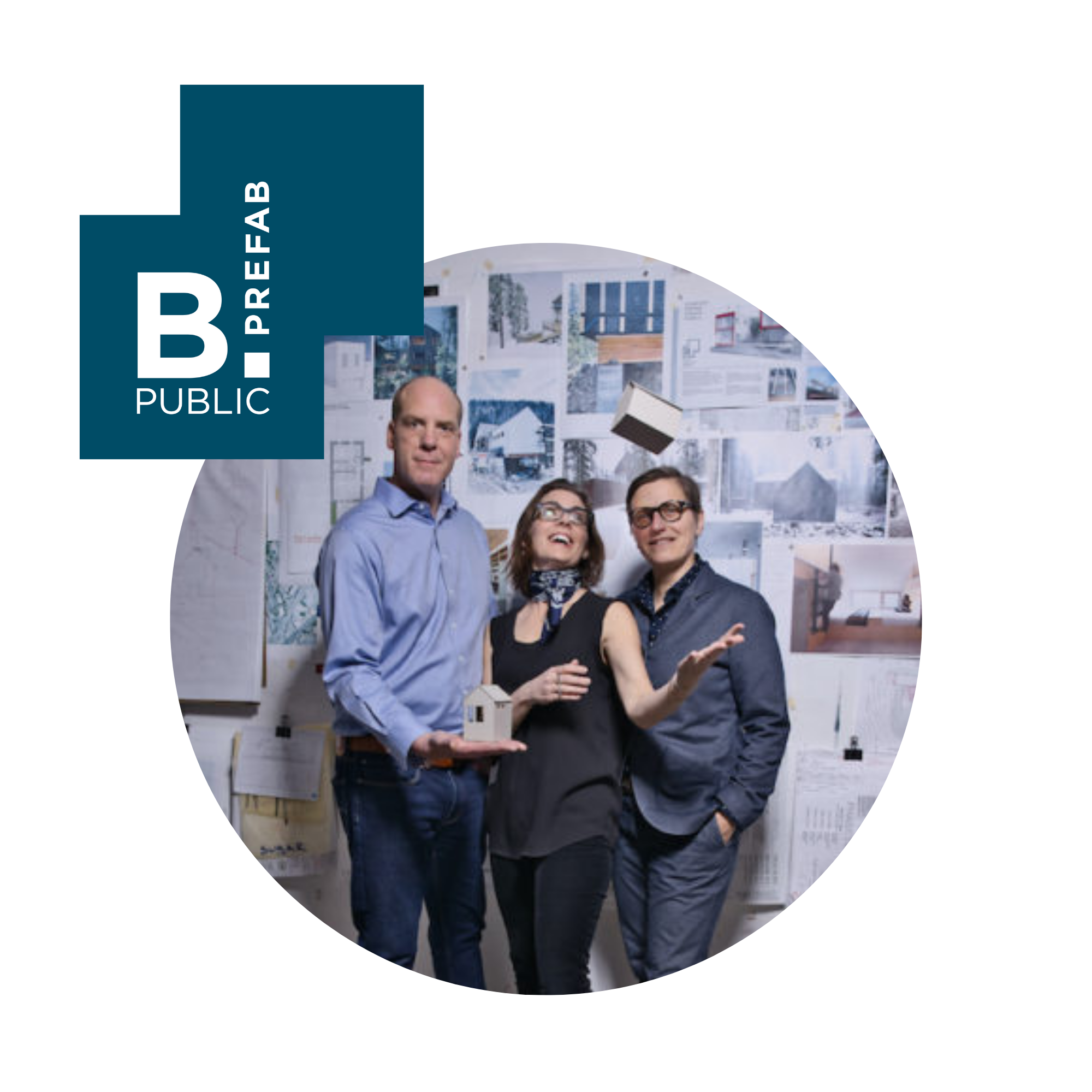 Three people standing in front of a wall covered with architectural plans and photos, holding a small model house, with one person tossing a paper cube into the air.