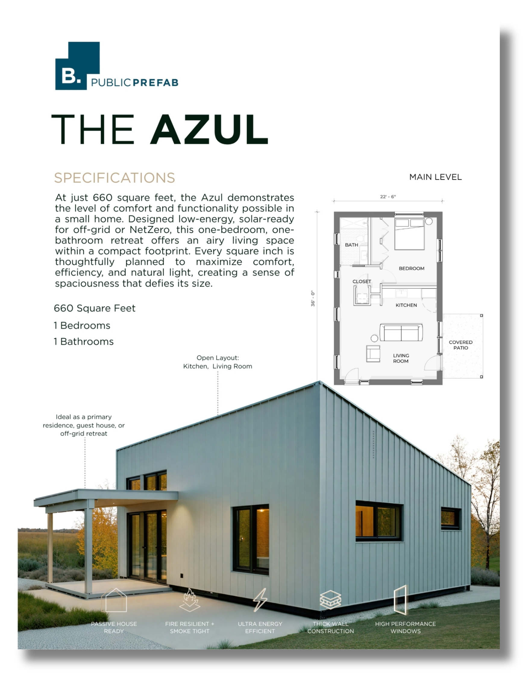 Floor plan and exterior photo of a small modern home called The Azul, with specifications about size, design, and features, including a covered patio and large windows.