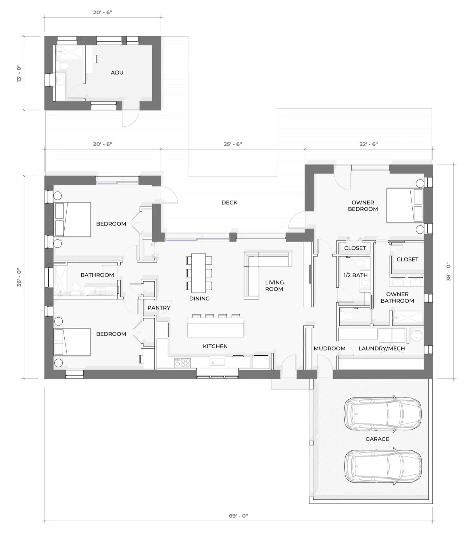 Floor plan of a house including a garage, mudroom, laundry/mechanical room, owner's bedroom with bathroom and closets, living room, dining area, kitchen, two bedrooms, bathroom, pantry, and a deck.