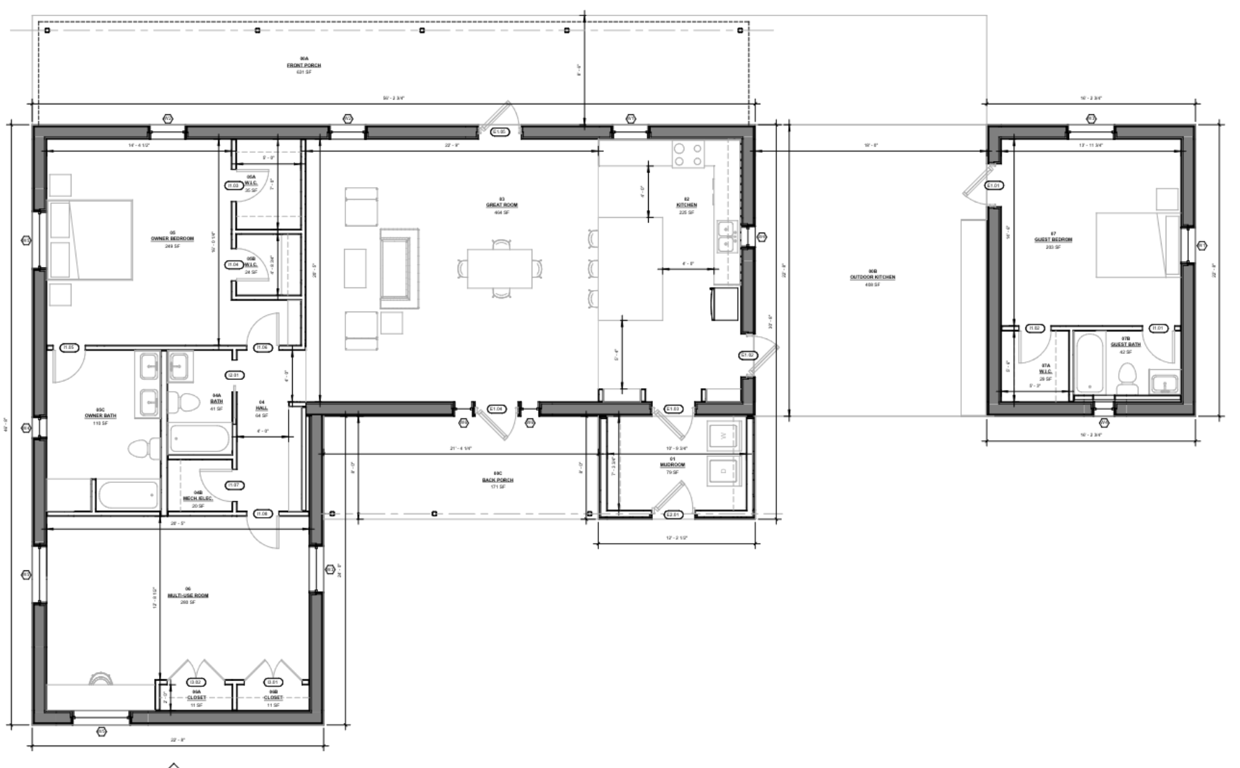 Architectural floor plan of a single-family house showing rooms, walls, doors, and windows with measurements.