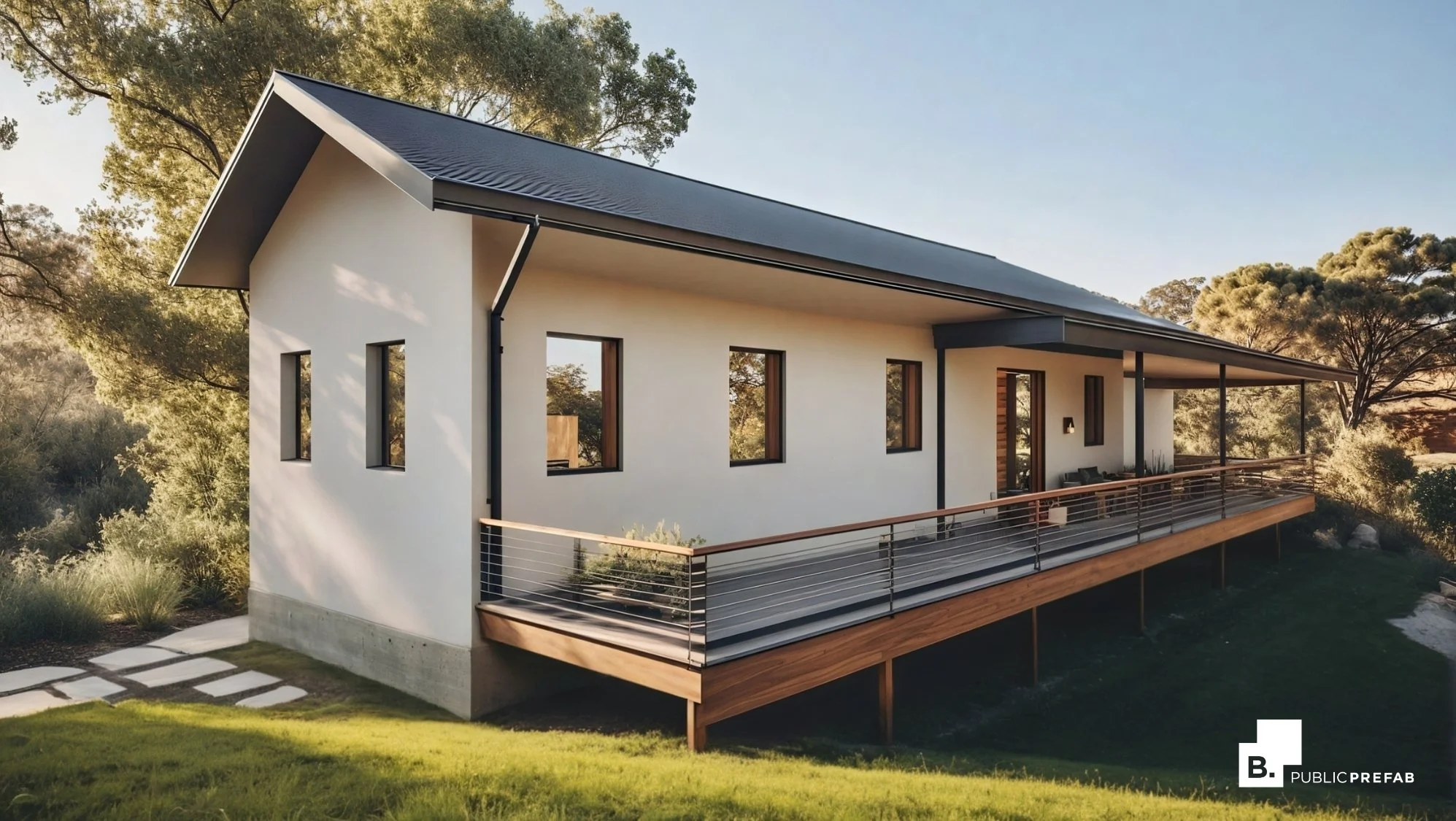 Modern house with white exterior, black roof, and a large outdoor deck surrounded by trees and greenery