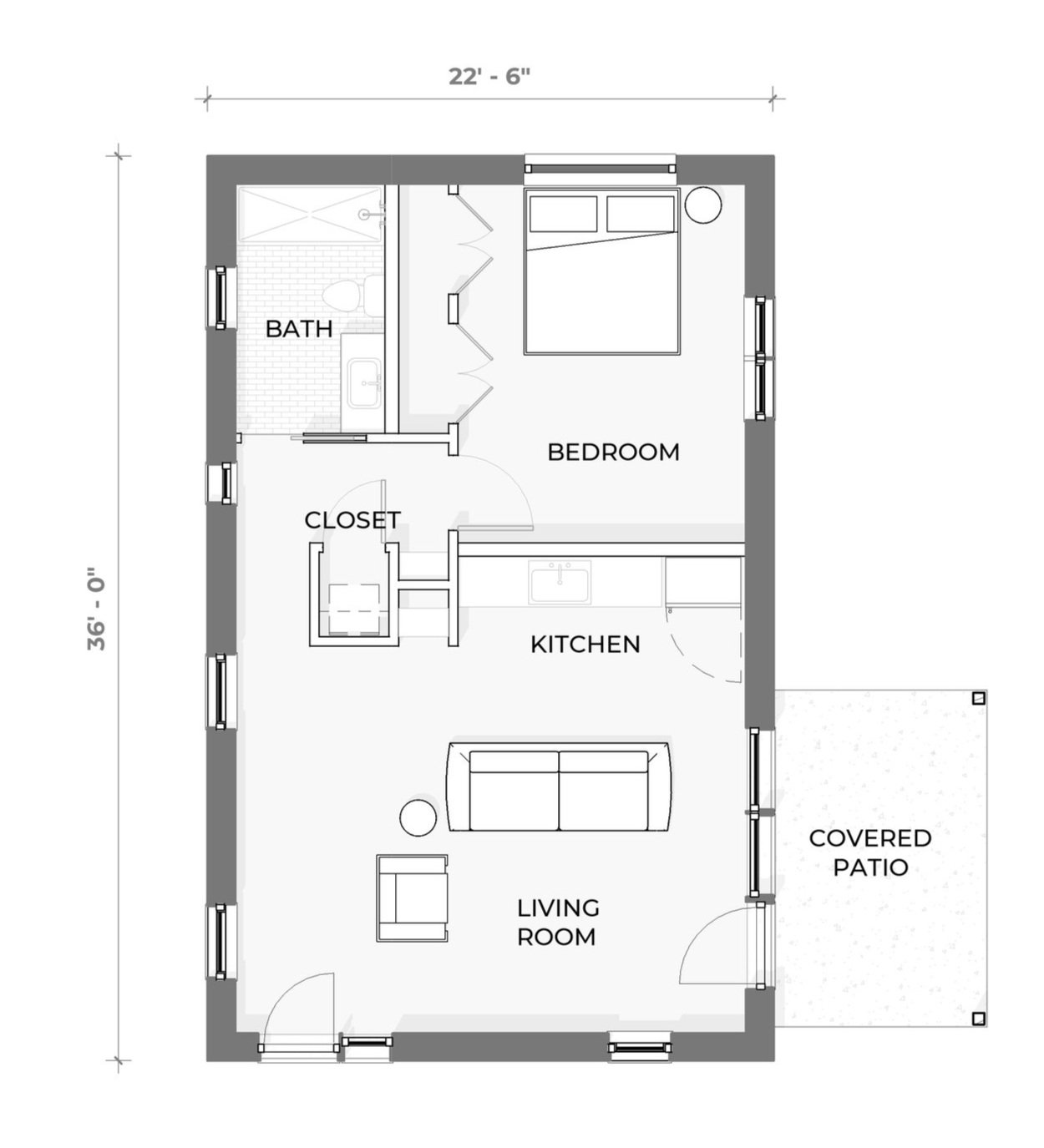 Floor plan of a small house with the main areas labeled: living room, kitchen, bedroom, bathroom, closet, and covered patio. The house measures approximately 22 feet 6 inches wide by 36 feet.