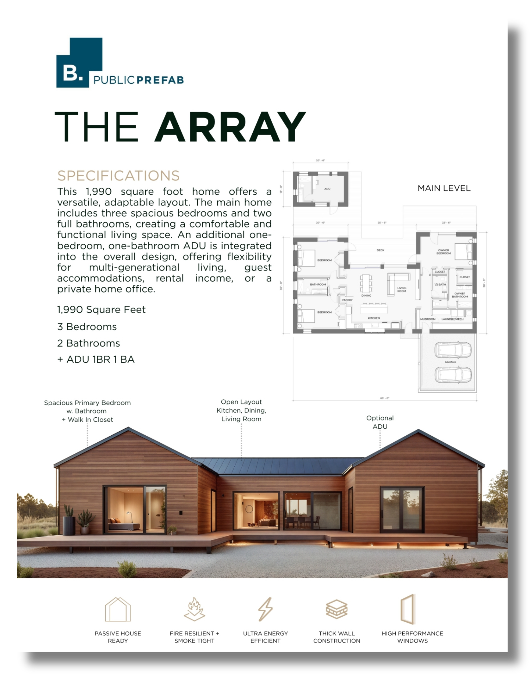 Floor plan and exterior view of a modern wooden house called 'The Array', with specifications for 3 bedrooms, 2 bathrooms, and an optional ADU, showing a side and front elevation of the house with icons indicating features like passive house readiness, fire resistance, energy efficiency, thick wall construction, and high-performance windows.