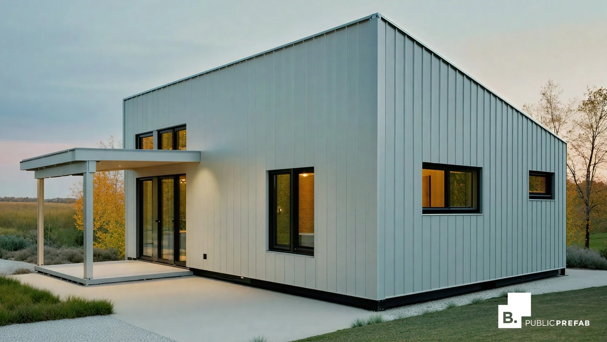 Modern white two-story house with black-framed windows and a small front porch, surrounded by greenery and trees, during evening.
