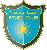 Shield-shaped badge with a blue background, yellow border, and the text 'American Laser Study Club' inside, featuring a stylized yellow sun with rays.