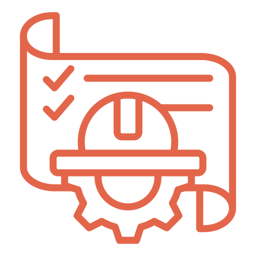 Icon of a blueprint, safety helmet, and gear representing construction or planning.