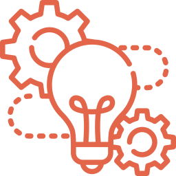 Outline of a light bulb surrounded by gears, symbolizing ideas and innovation.