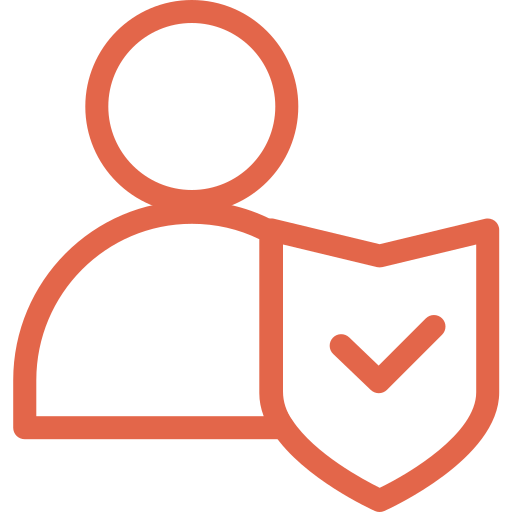Icon of a person with a shield that has a checkmark, representing security or protection.