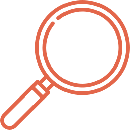 Line drawing of a magnifying glass in orange color.