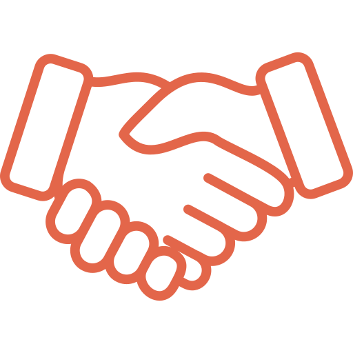 Icon of two hands shaking, outlined in orange.