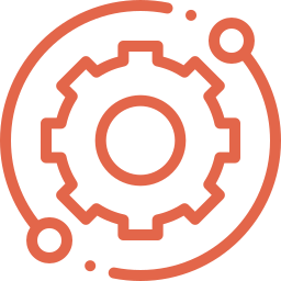 Icon of a gear surrounded by orbiting circles, representing settings or machinery