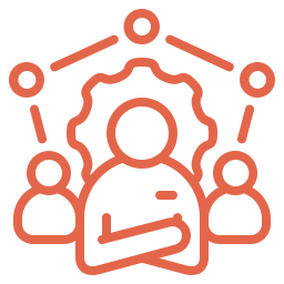 An icon of a person with crossed arms surrounded by three smaller connected circles, representing a network or team.