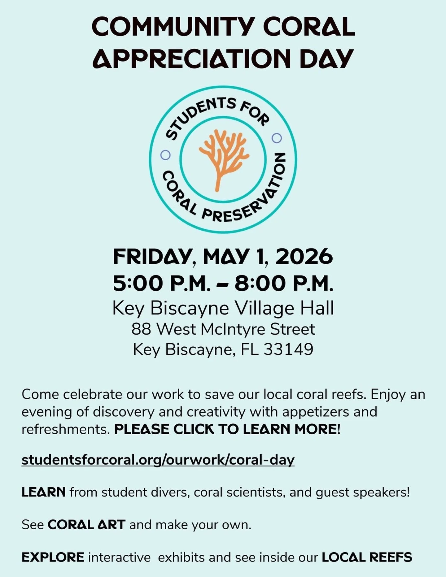 Come join us May 1 at the Key Biscayne Village Hall for a wonderful event to support students for coral preservation. The event will take place from 5pm- 8pm and will feature guest speakers, beautiful art pieces and much more !!! 🪸🐟🍥 #coralpreserv