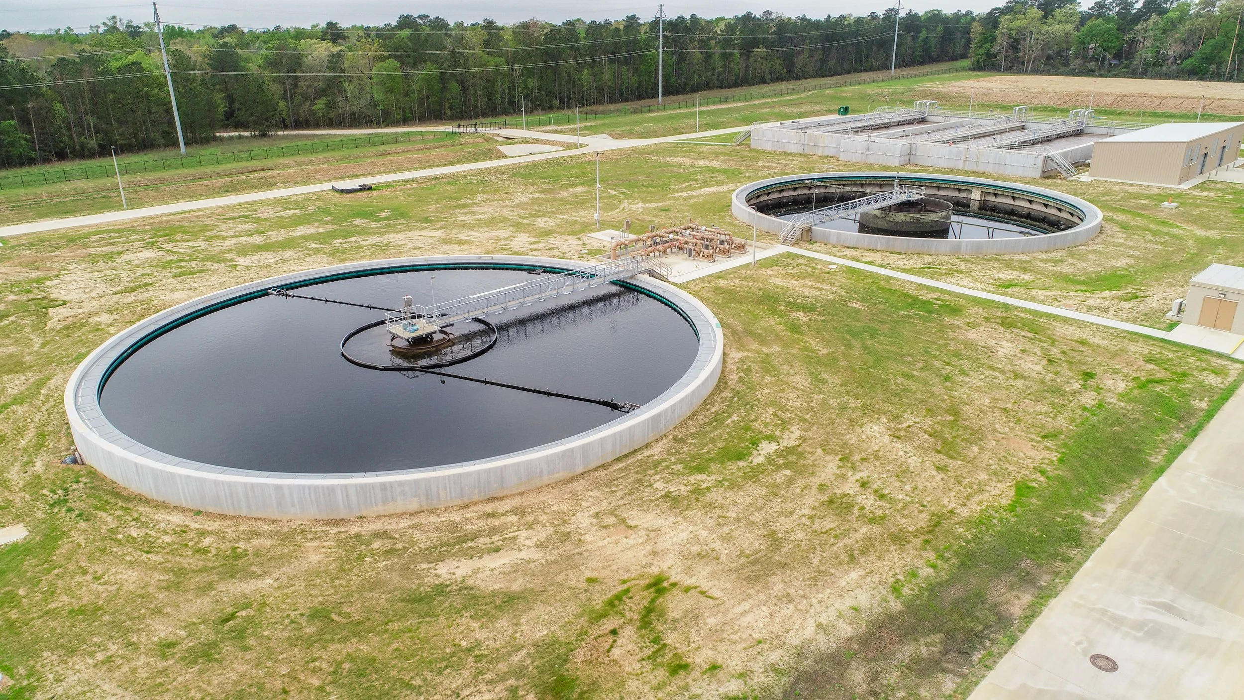 An aerial view of a wastewater treatment plant.