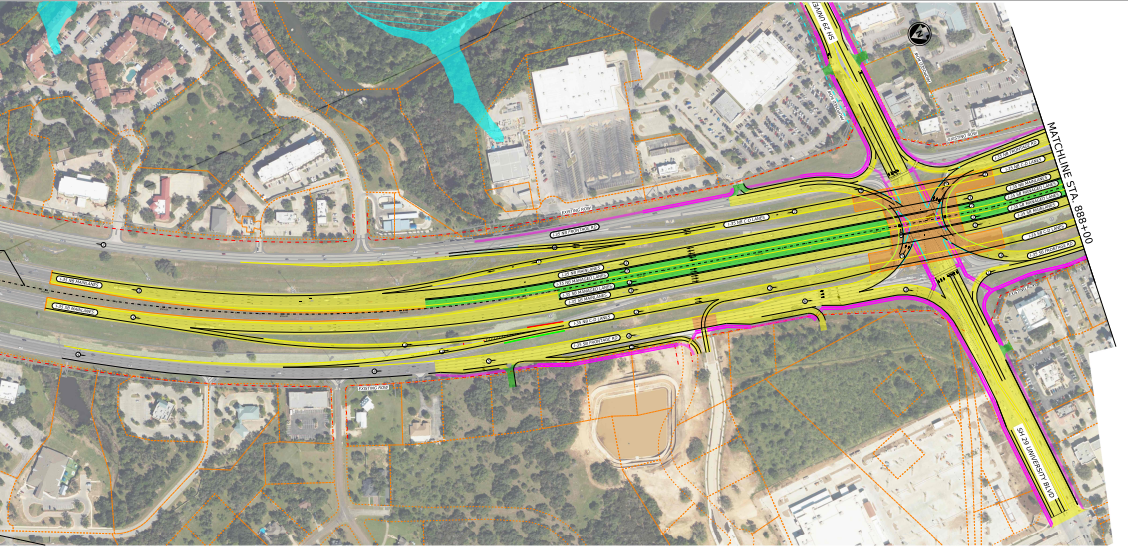 A detailed construction plan for a highway interchange including lanes, ramps, and traffic flow directions overlaid on a satellite map with surrounding residential and commercial areas.