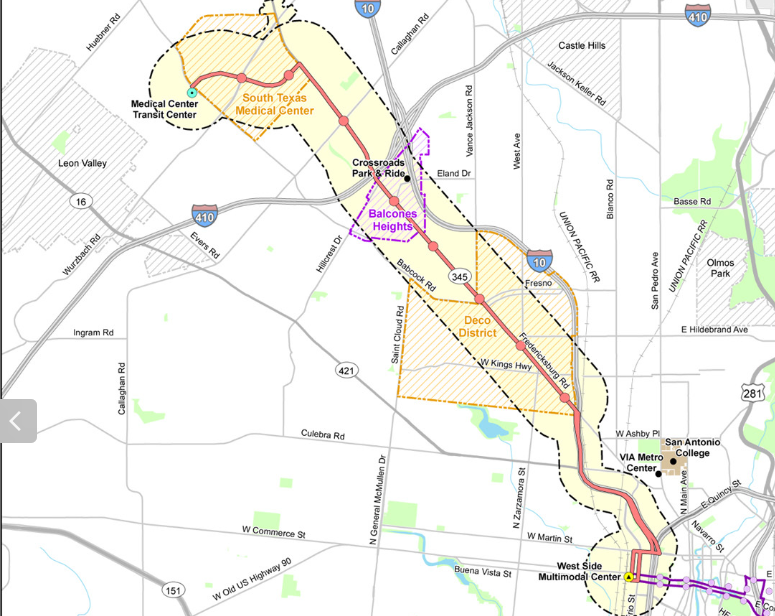 Map of San Antonio showing transit lines and districts, including Medical Center, Deco District, and Balcones Heights.