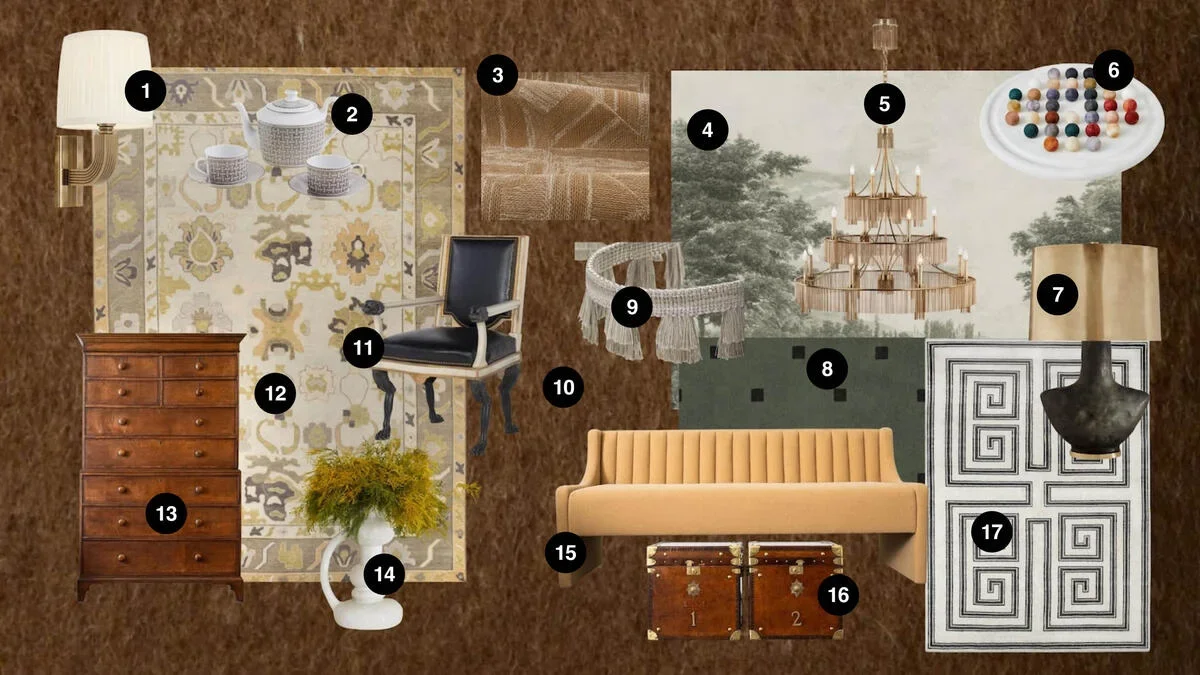 Nicole Roby’s lounge-worthy blend of antique oak, hand-knotted wool and fringed brass
