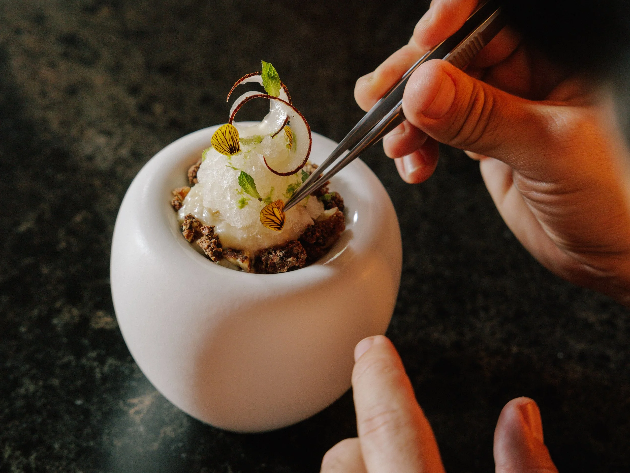 Chef placing garnishes onto dish using food tweezers in Emelina