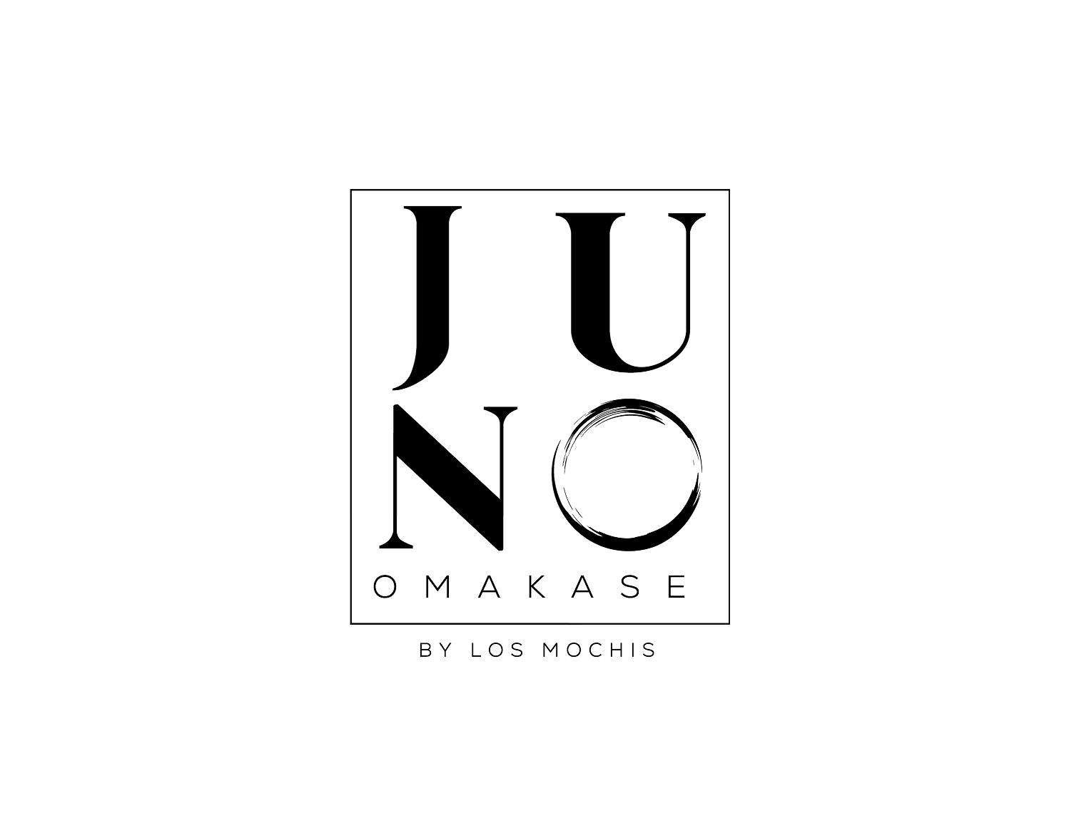 Black background with a white rectangular logo containing the stylized letters 'JU NO' vertically aligned, and the words 'OMAKASE BY LOS MOCHIS' below the rectangle.