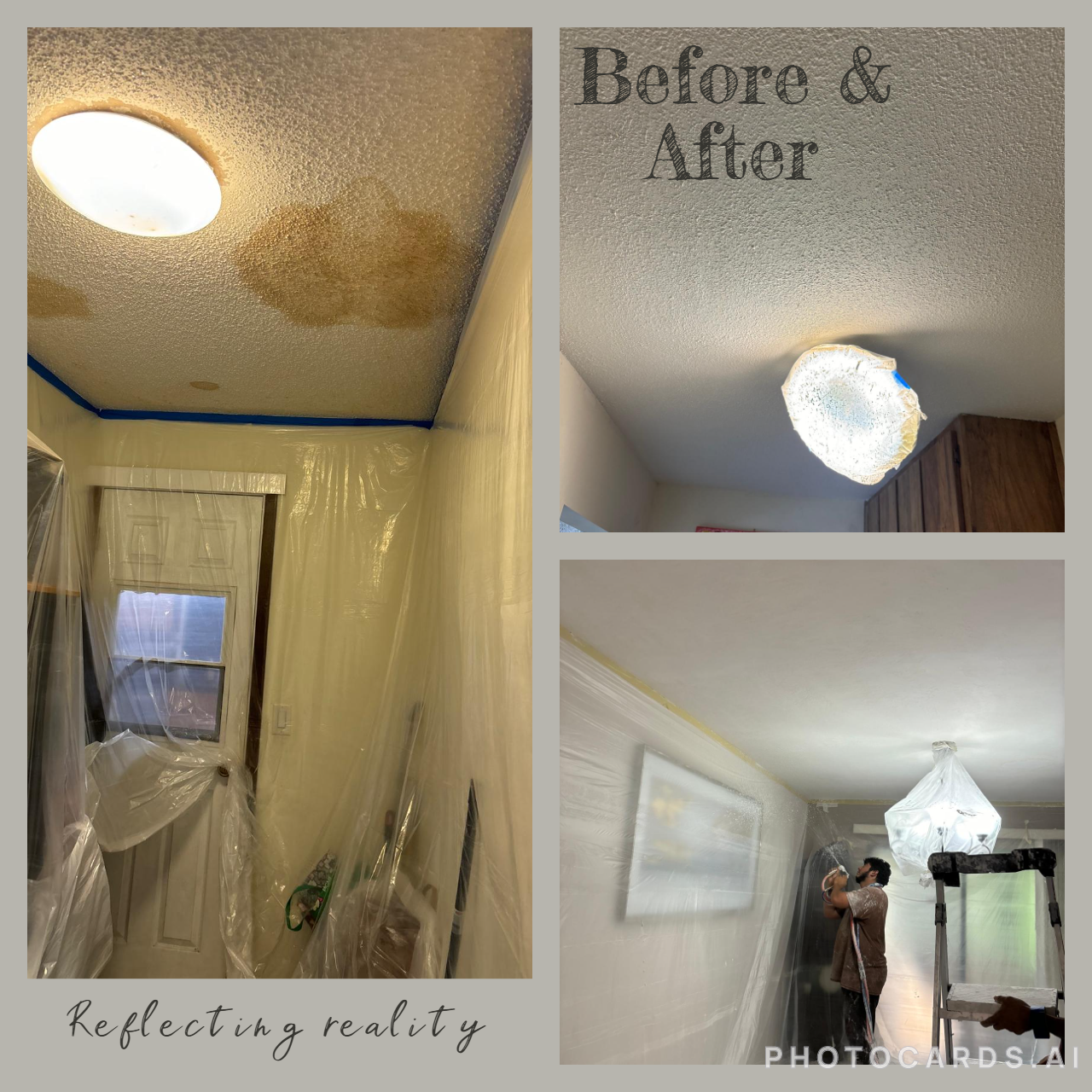 Before-and-after views of a stained ceiling repaired and refinished by Construction Business J&J