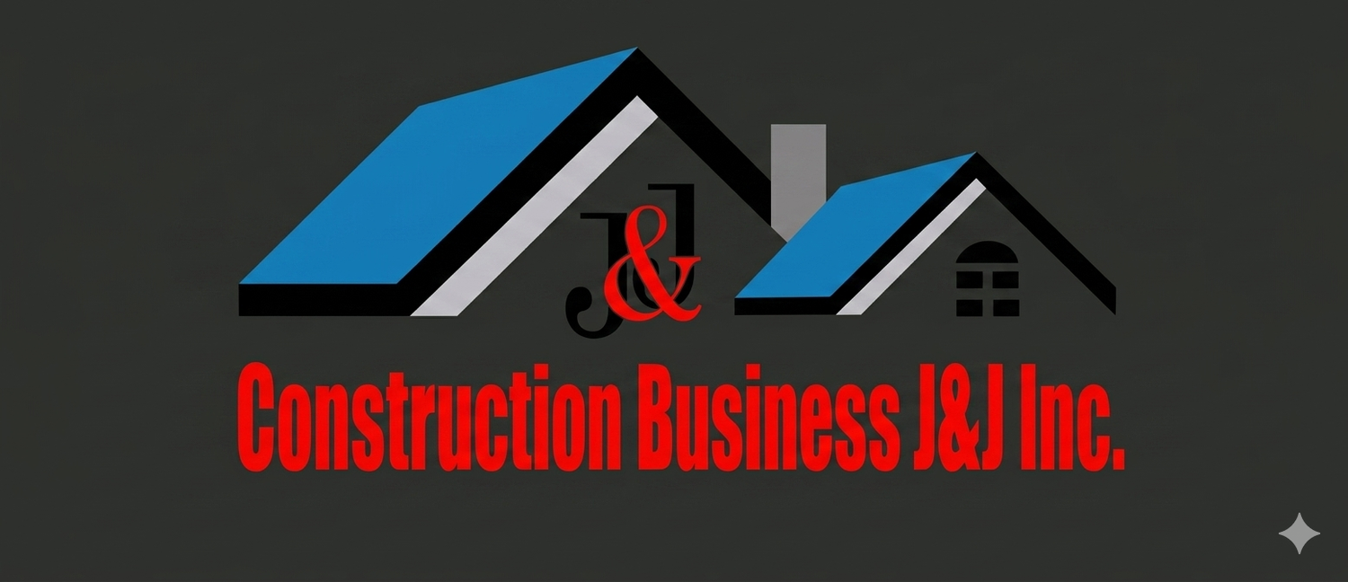 Construction Business J&J Inc. roof logo in blue, black, gray, red, and white