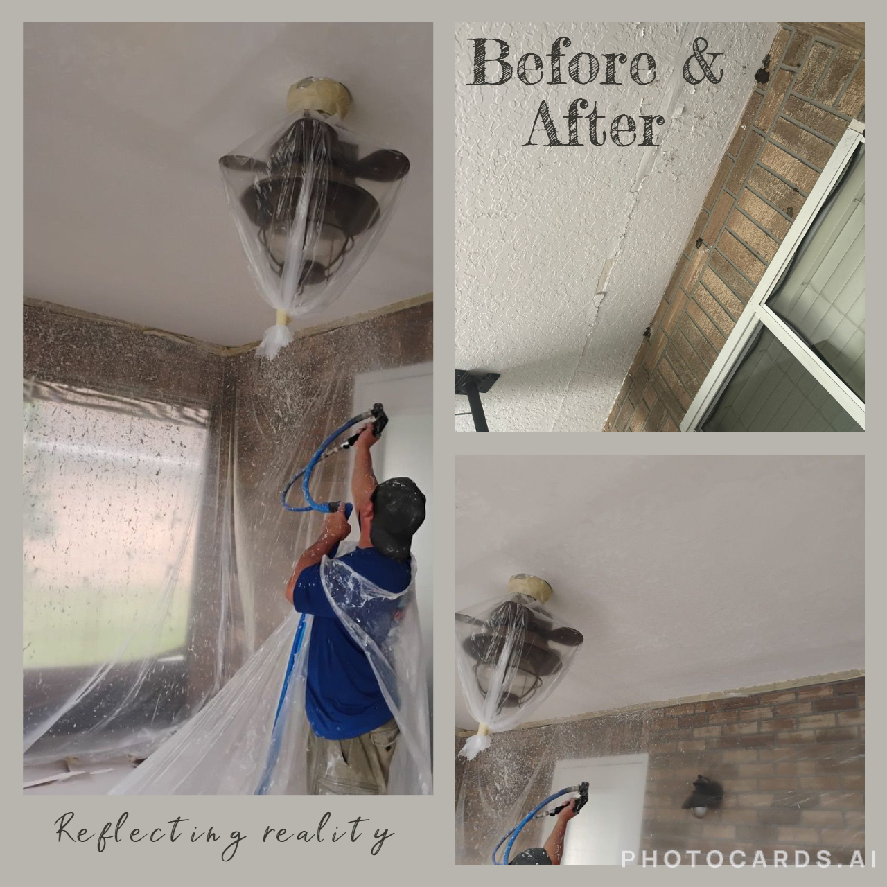 Before-and-after views of a ceiling refinishing project completed by Construction Business J&J