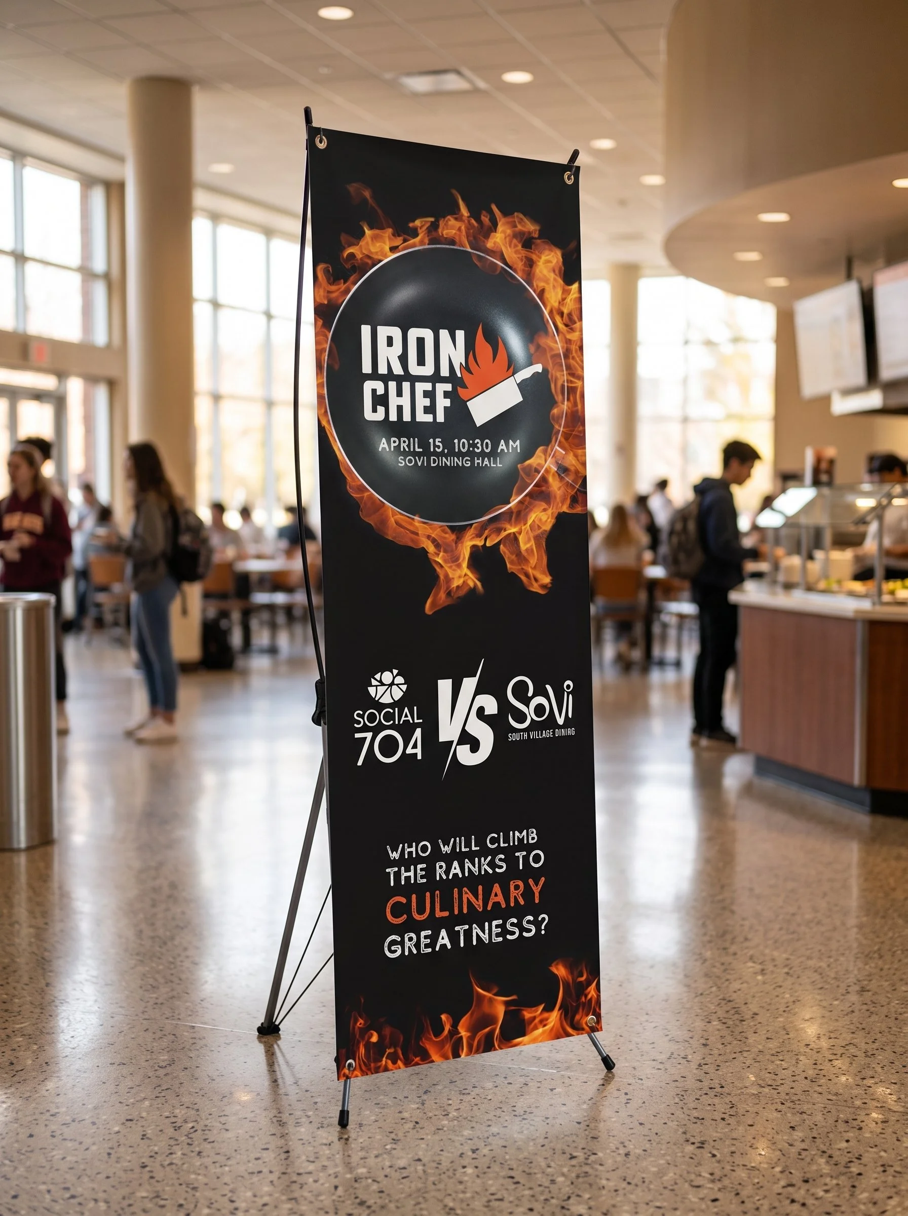 Iron Chef event X-banner design featuring a flaming frying pan logo, Social 704 vs SoVi matchup, and April 15 date at SoVi Dining Hall