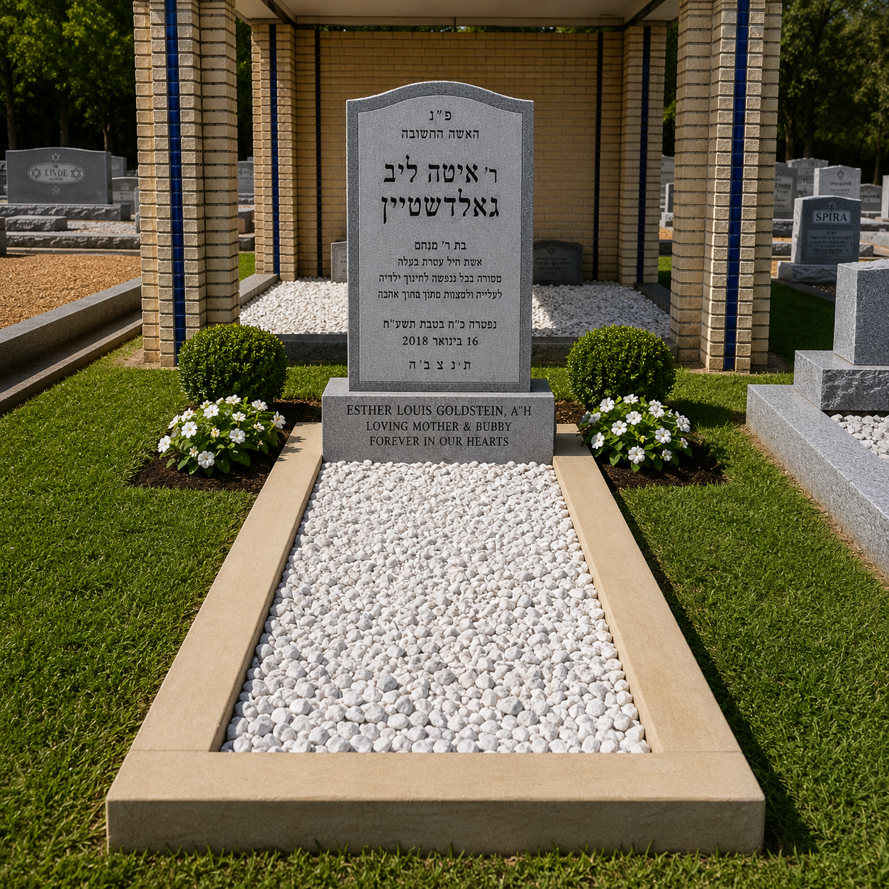 Gravestone in a cemetery with flowers and green grass, inscribed in Hebrew and English, honoring Esther Louis Goldstein, a loving mother and Bubby, with the date of passing marked as February 16, 2018.