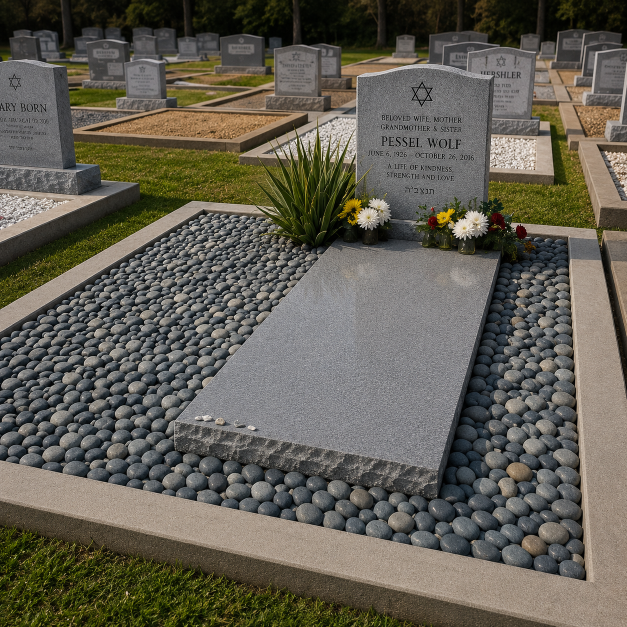 Gravestone at a Jewish cemetery with flowers and landscape.