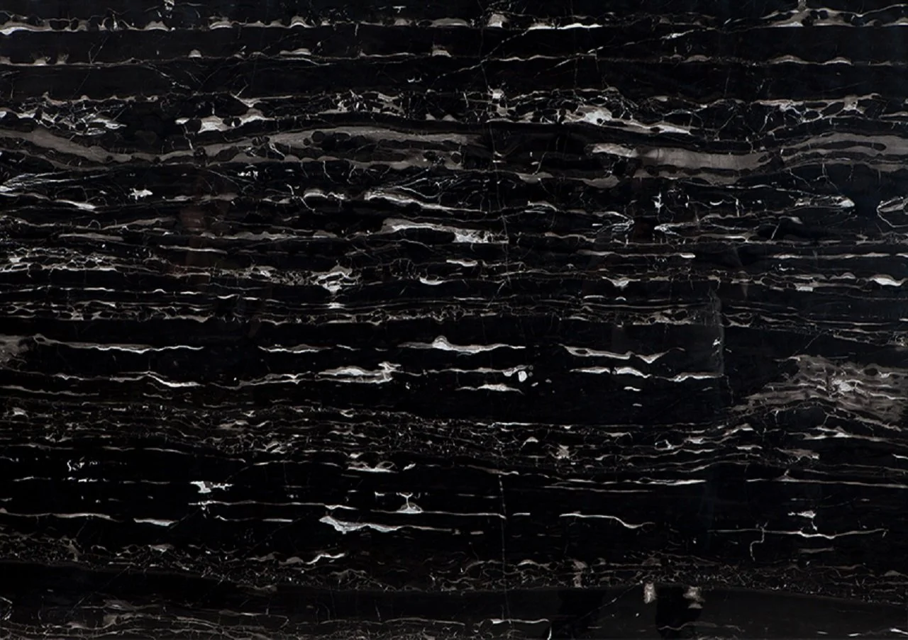 Close-up image of black marble with white veining.