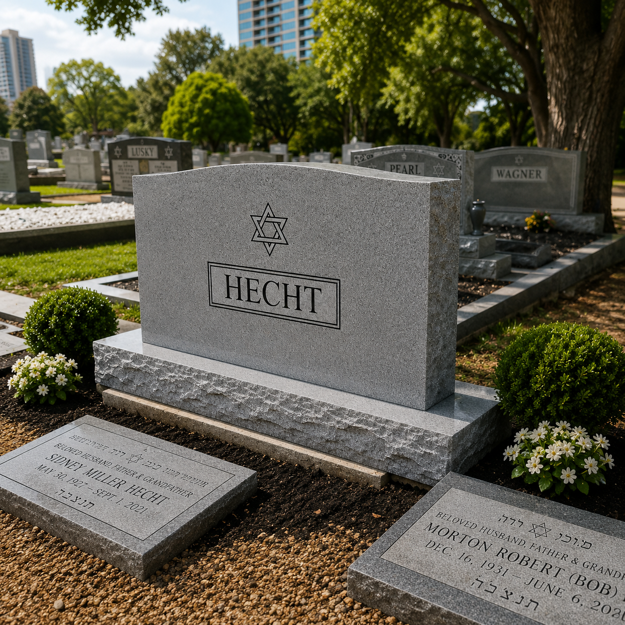 Gravestone with the surname 'Hecht', featuring a Star of David, in a cemetery with other headstones, trees, and buildings in the background.