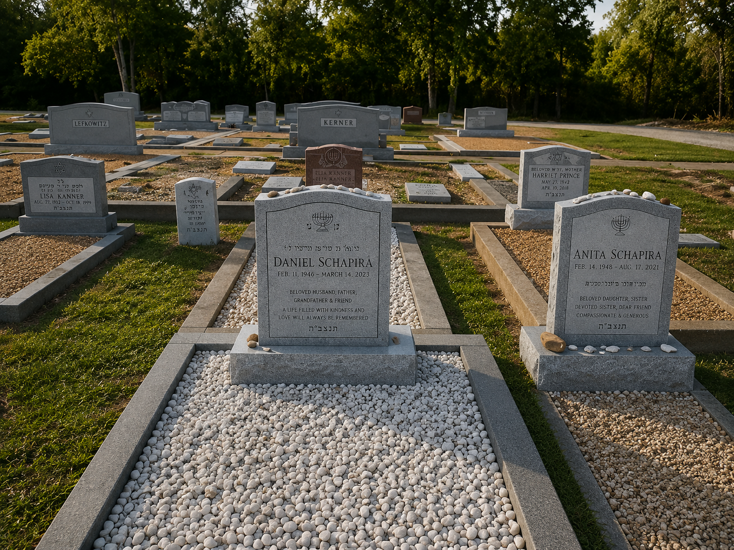 Multiple gravestones in a cemetery with green trees in the background.