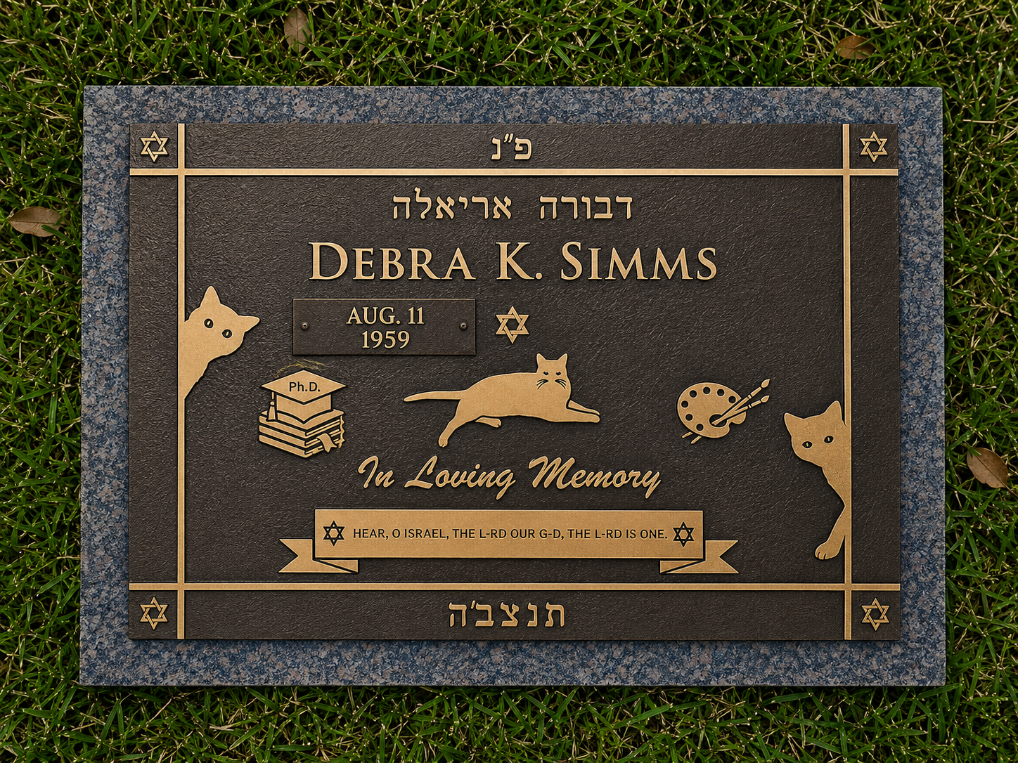 A commemorative plaque for Debra K. Simms, surrounded by grass, with gold and black coloring. The plaque includes her name, birth date August 11, 1959, and symbols like a star of David and illustrations of cats, a book labeled 'Ph.D.', a paint palette, and a cat lying down.