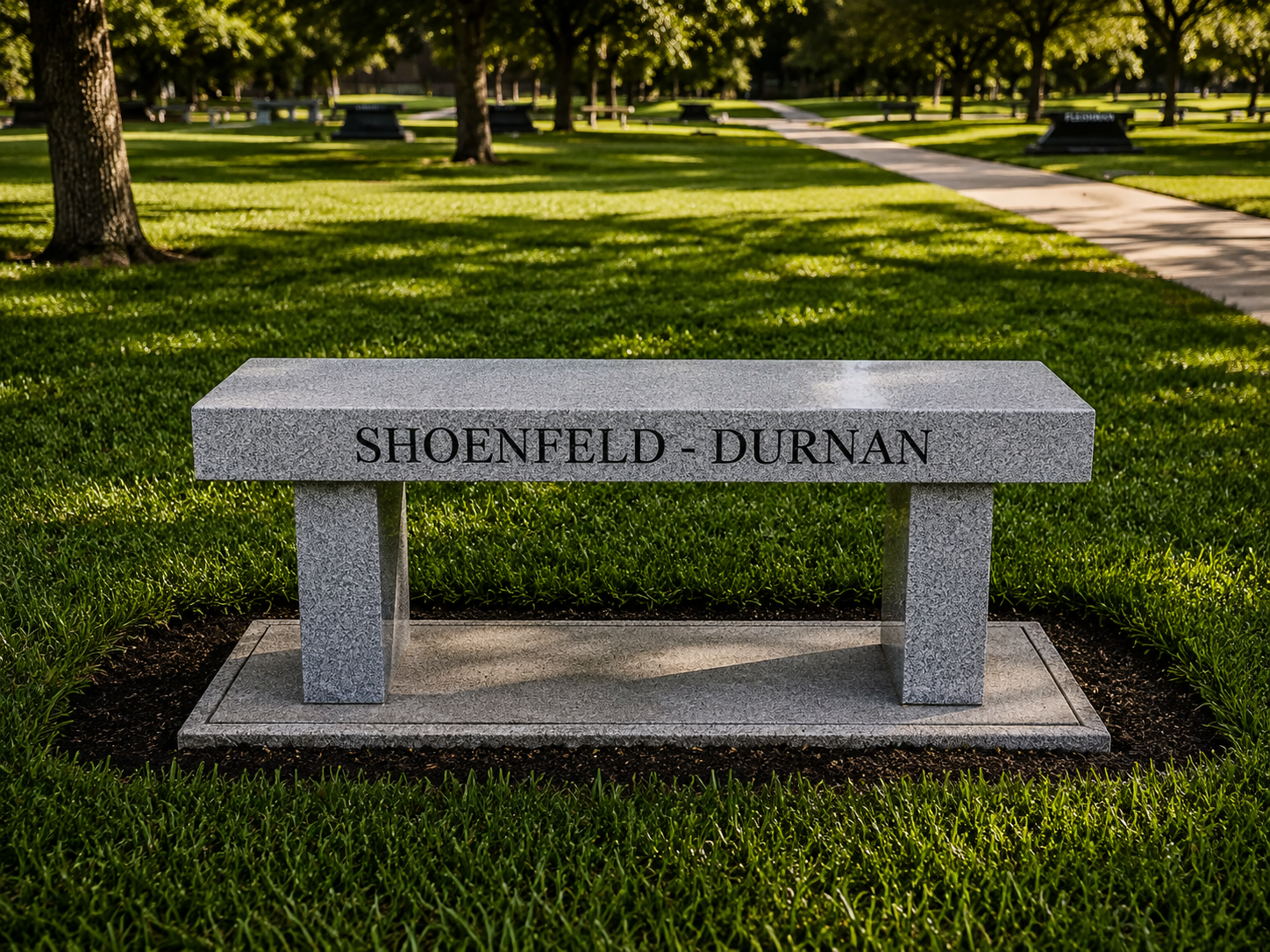 A stone bench with the names 'SHoenfeld - Durnan' engraved on it, located in a grassy park with trees and paved walkways in the background.