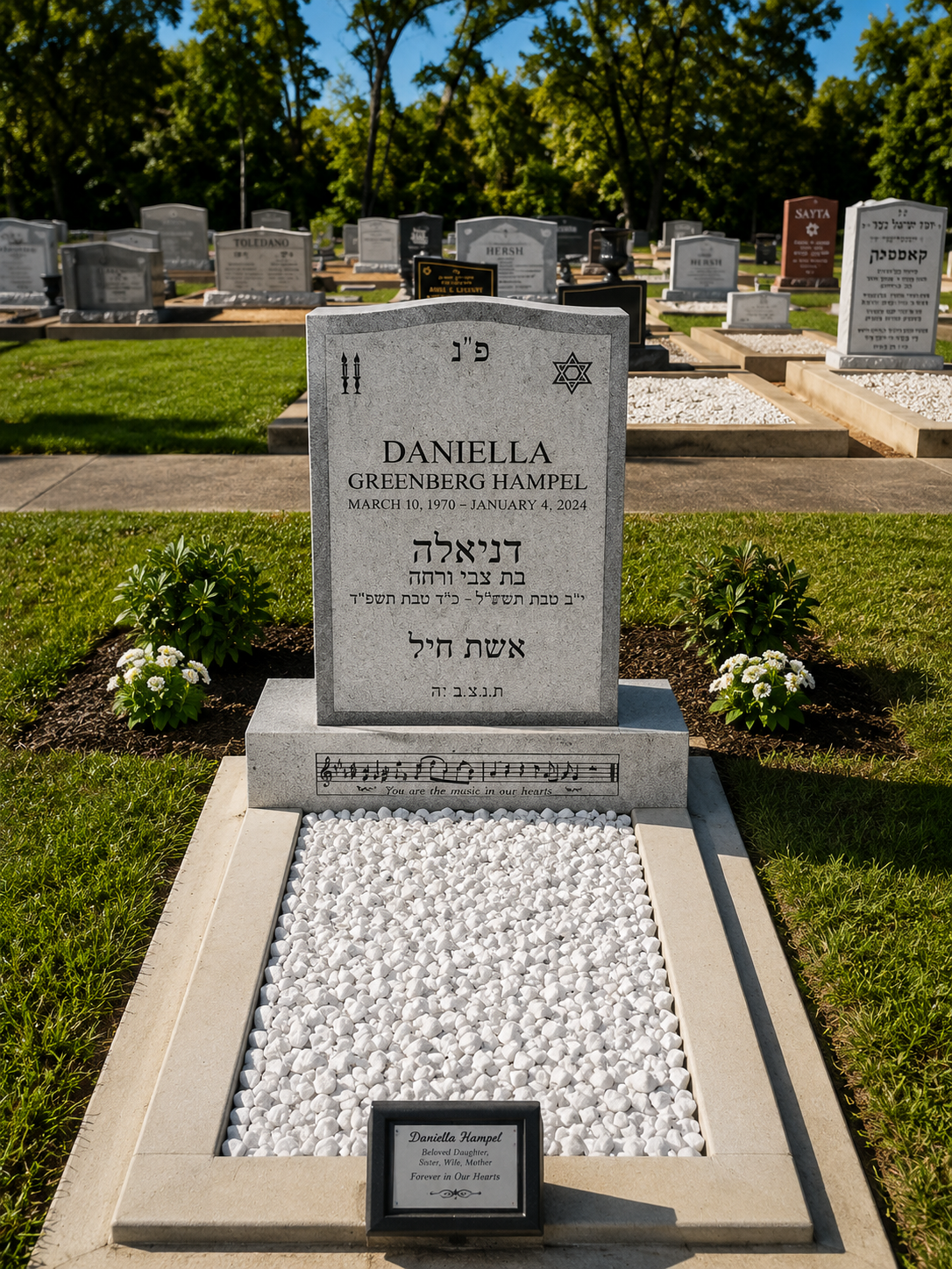 Gravestone in a cemetery for Daniella Greenberg Hampel, with her birth and death dates, surrounded by two small flowering bushes, with other gravestones in the background.
