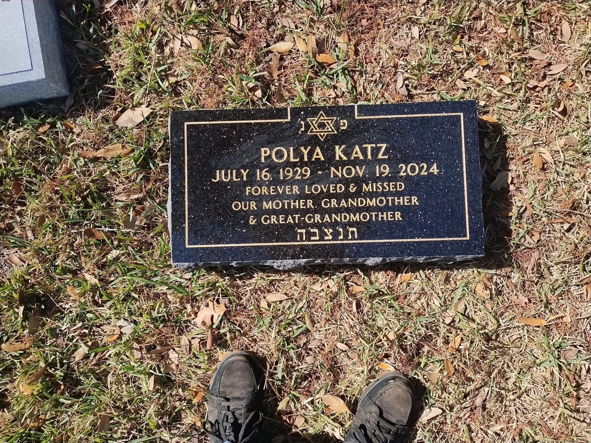 Gravestone with gold lettering and Star of David, surrounded by grass and leaves, with shoes visible at the bottom of the image.