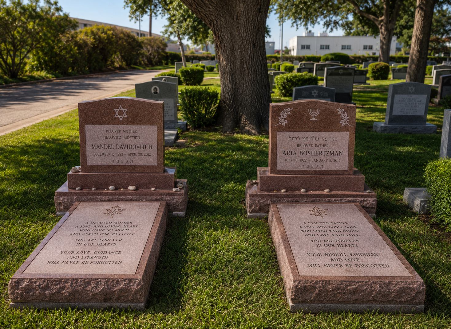 Gravestones in a cemetery, including one for Mandel Davidovitch and one for Aria Boshertzman, surrounded by grass and trees with other headstones in the background.