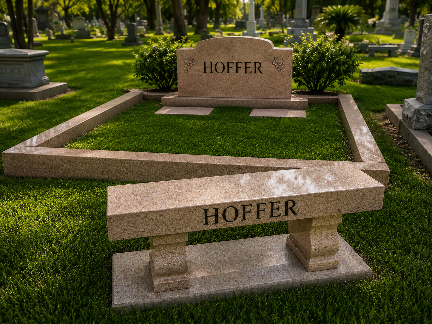 Gravestone with the name 'Hoffer' engraved, surrounded by a small stone bench, in a cemetery with other tombstones and green trees in the background.