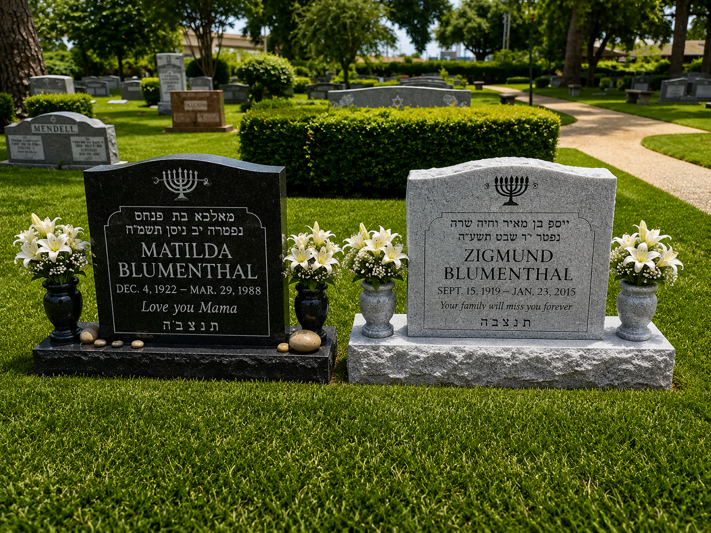 Two graves with headstones and white lilies, surrounded by greenery in a cemetery. The left headstone is black with a menorah symbol, and the right headstone is gray with a menorah symbol, each with flowers and small stones on top.