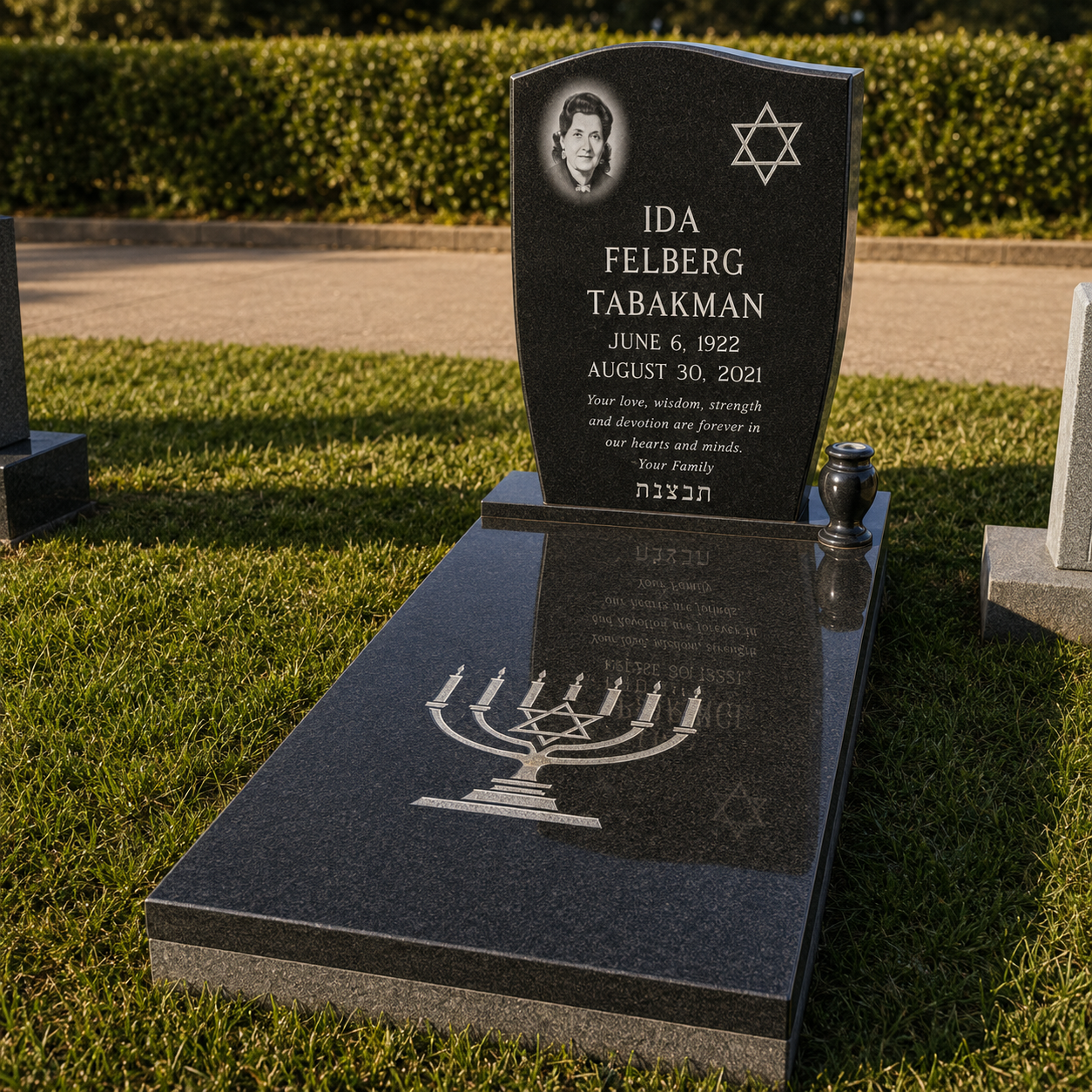 A black granite tombstone with a photograph of a woman, her name Ida Felberg Tabakman, and dates June 6, 1922, to August 30, 2021. The headstone has a Star of David and a menorah engraving, with Hebrew characters and an inscription about love, wisdom, strength, and devotion. A small vase is placed on the grave, and the grass surrounding it is well-maintained.